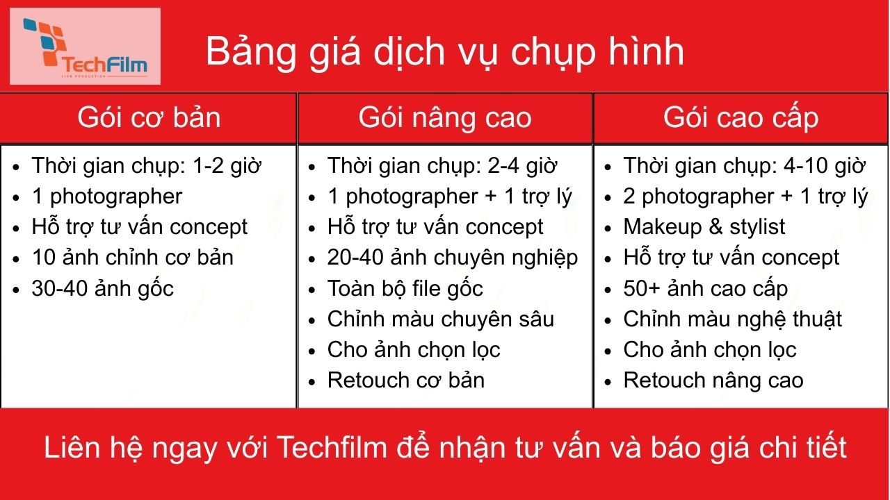 Bảng giá dịch vụ chụp hình tại Techfilm